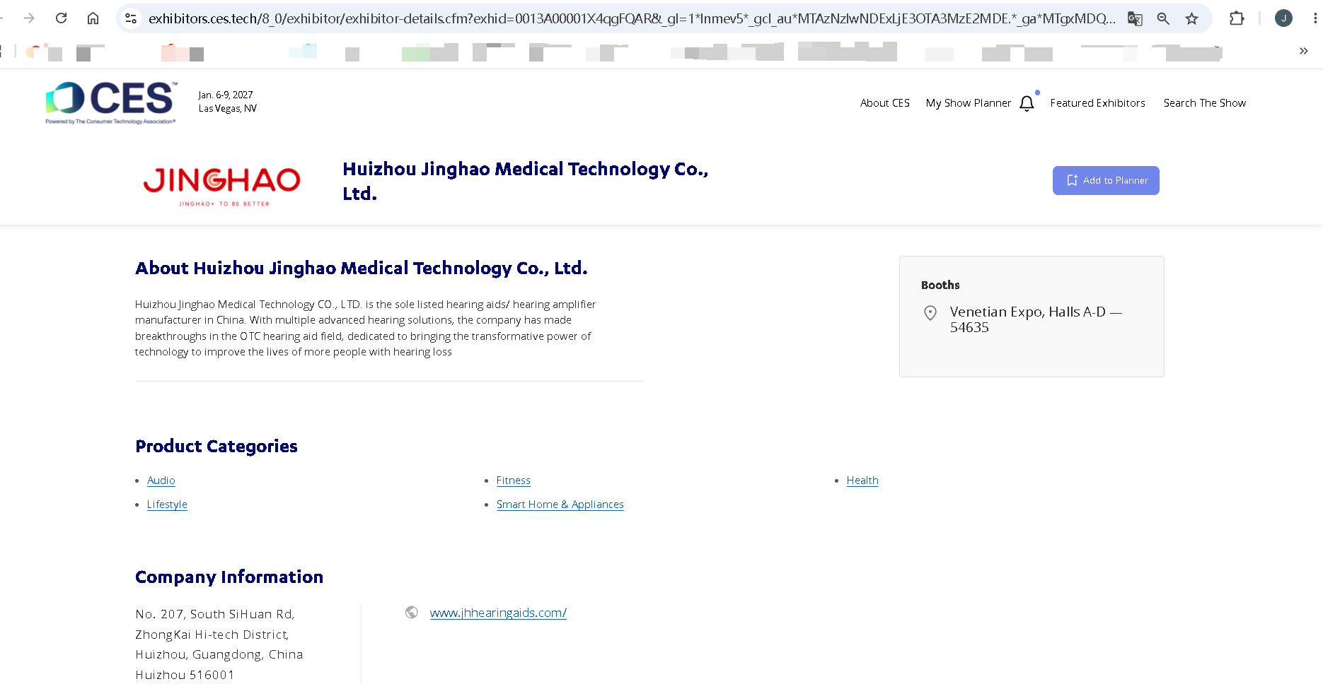JINGHAO Medical CES 2027 exhibitor listing at Venetian Expo Booth 54635