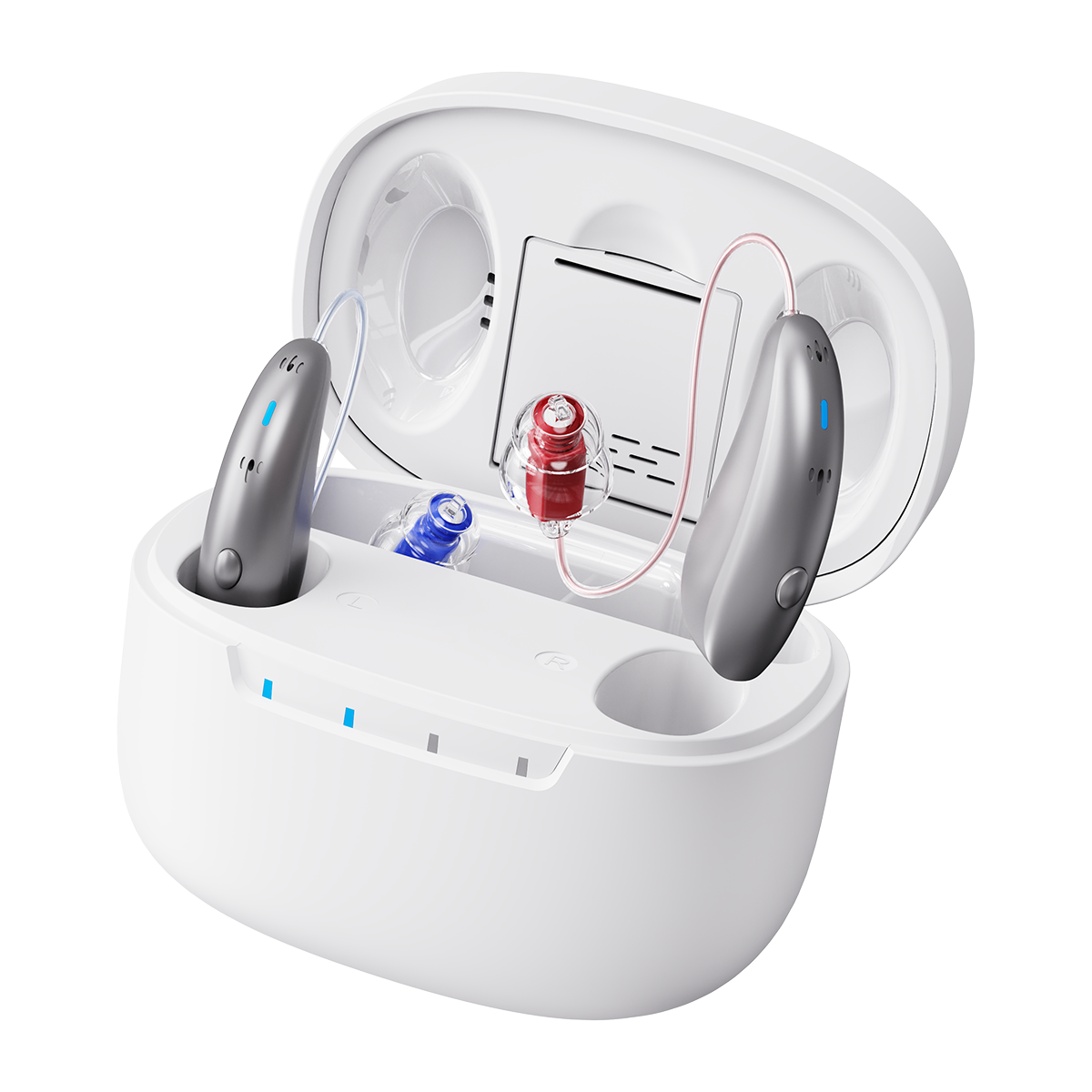 JH-DW1B programmable OTC hearing aid with charging case white background